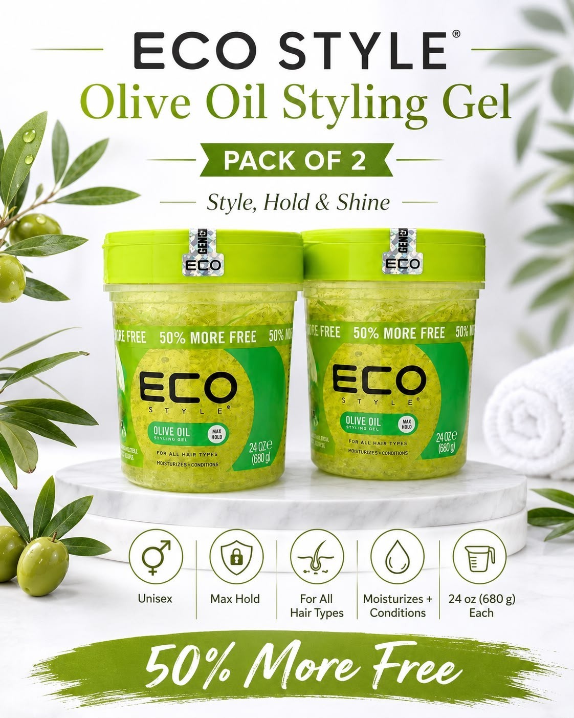 Eco Style Olive Oil Styling Gel 24 oz Pack of 2 Max Hold 50% More Free