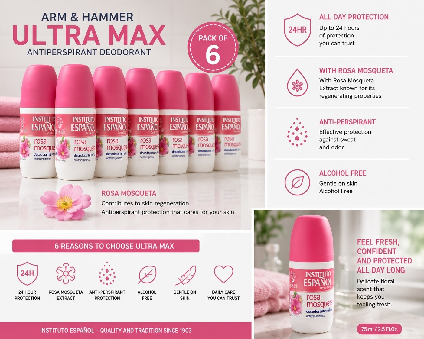 PACK OF 6 Instituto Español Rosa Mosqueta Roll-On Deodorant 75ml Alcohol Free