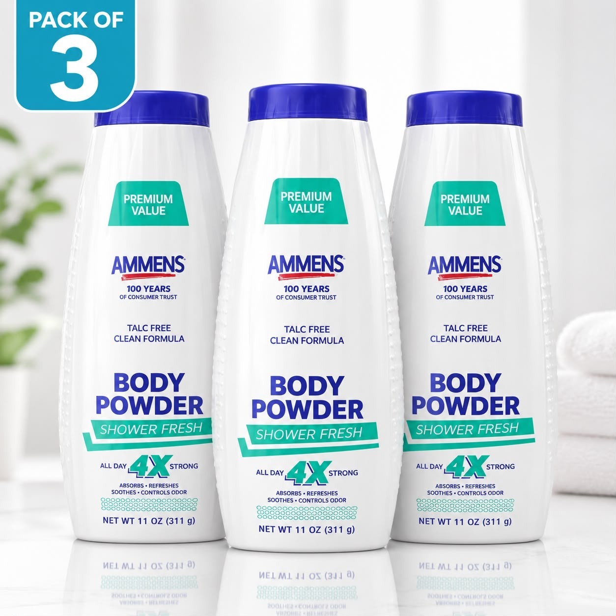 Ammens Shower Fresh Talc-Free Body Powder 11 oz Pack of 3 Odor Control