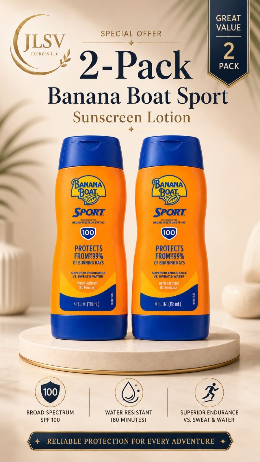 Banana Boat Sport Ultra SPF 100 Sunscreen Lotion 4 oz Each 2 Pack New