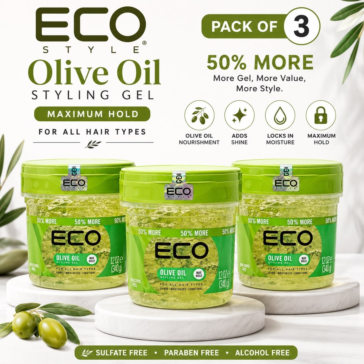Eco Style Olive Oil Styling Gel 12 oz Pack of 3 Max Hold 50% More Free