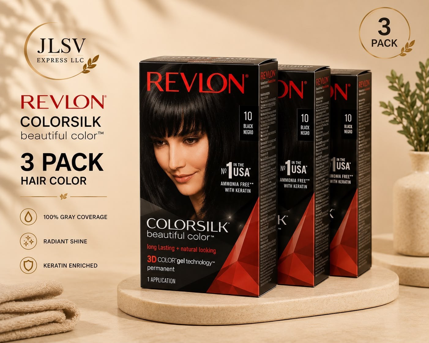 Revlon ColorSilk Hair Color 3 Pack #10 Black Permanent Hair Dye Keratin Formula
