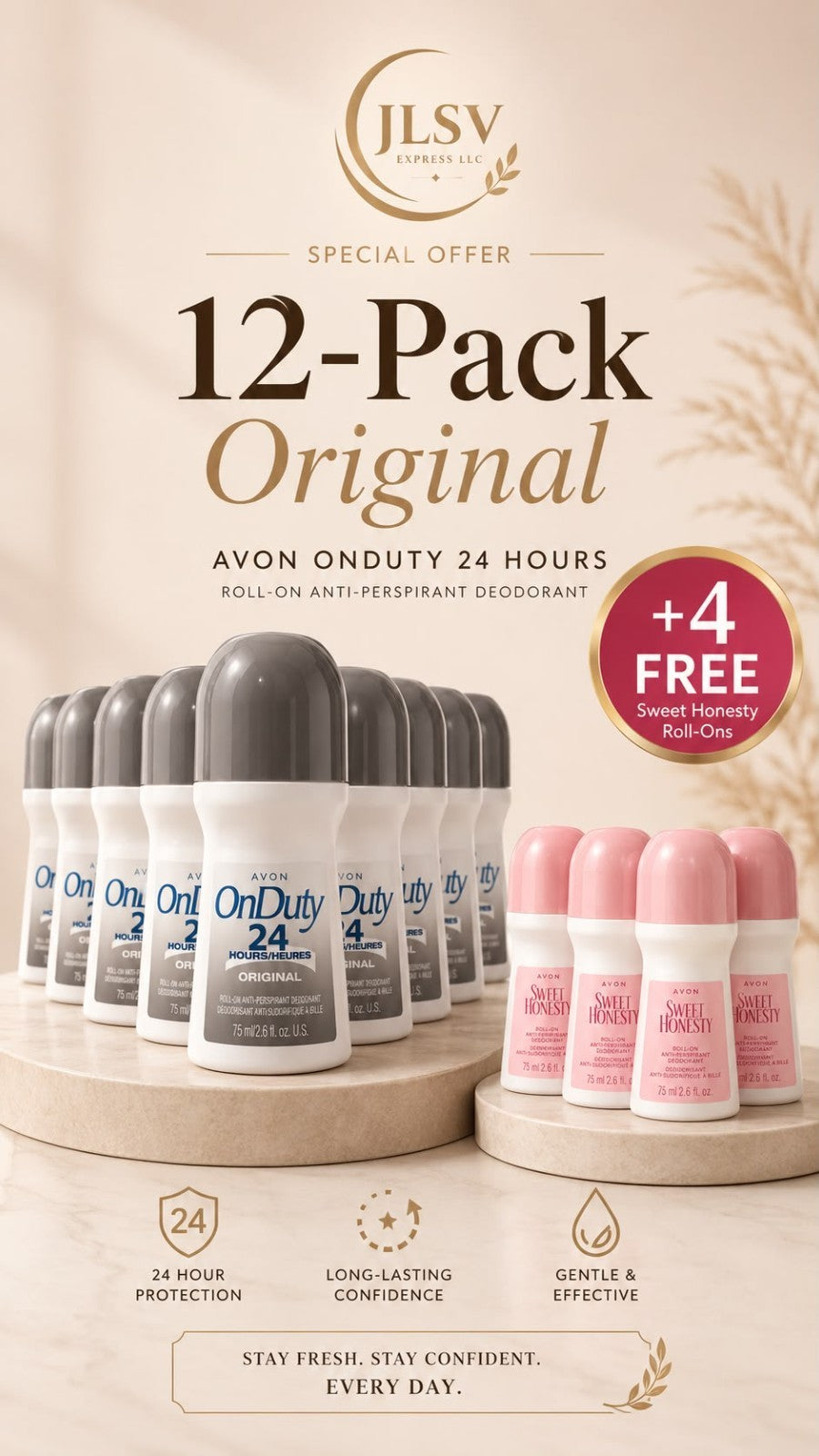 Avon On Duty 24 Original Roll-On Deodorant 12 Pack + 4 Sweet Honesty, 16 Total