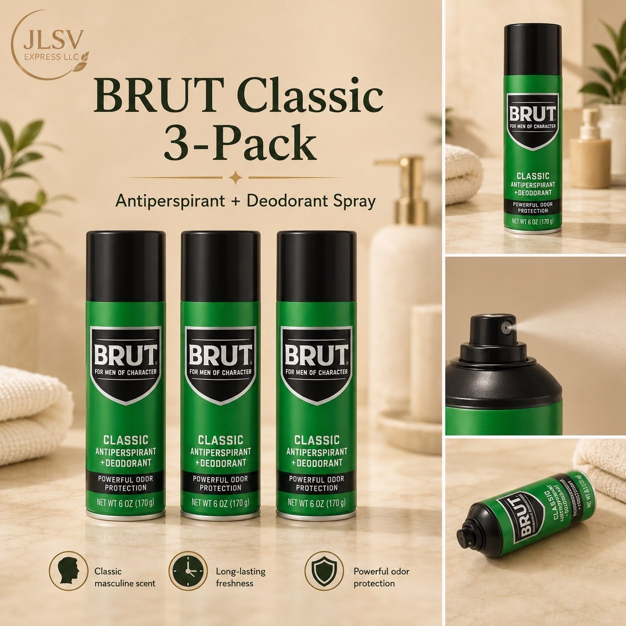 Brut Classic Antiperspirant Deodorant Spray 6 oz 3-Pack for Men New