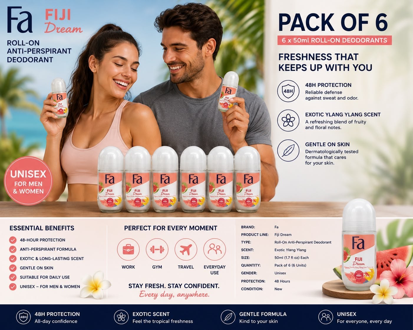 Pack of 6 Fa Fiji Dream Roll-On Antiperspirant Deodorant 50ml Unisex 48H
